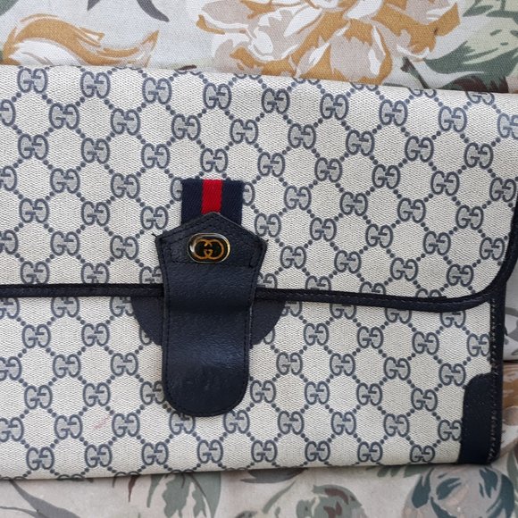 VINTAGE GUCCI BLUE MONOGRAM GG COATED CANVAS CLUTCH SHOULDER HANDBAG